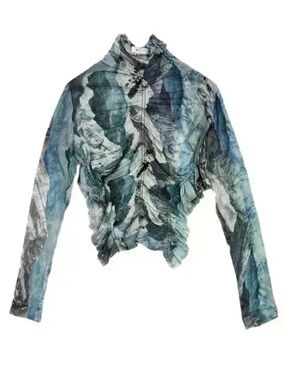 MIISTA Silva Top Ruffled Long-Sleeve Top in Blue and Gray Marble